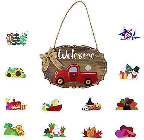 Alnicov Cartello di benvenuto con camion rosso per porta d'ingresso intercambiabile, decorazione per esterni con 12 cartelli stagionali per San Valentino, Pasqua, compleanno, Halloween, Natale