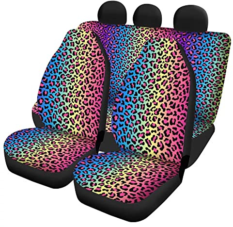Showudesigns Autositzbezüge, Motiv: bunte Leopardenmuster, universelle Passform, vollständiges Set mit 4 Vordersitzbezügen und Rückbank-Sitzbezügen, Geparden-Auto-Innenschutz, universelle Passform