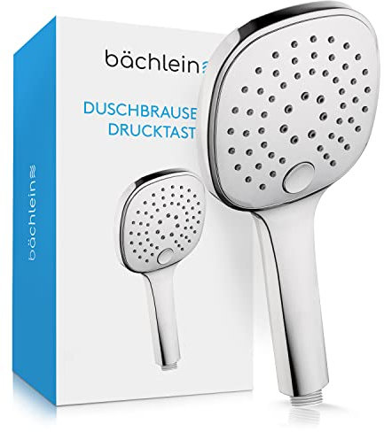 Bächlein Universal Duschbrause - Brausekopf mit 3 Strahlarten, einfach wechselbar durch praktische Drucktaste - Eckiger Duschkopf Chrom - Handbrause mit Standard G 1/2” Anschlussmaß