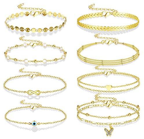 LOLIAS 9 Stücke Fußkettchen für Damen Teenager Gold Silber Mehrschichtiger Schmetterling Böser Blick Herz CZ Strand Verstellbares Zierliches Fußkettchen Set