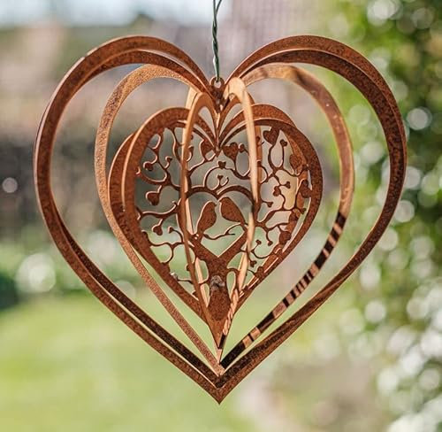 Rostalgie Edelrost Windspiel Herz mit Vogelmotiv - Höhe 26 cm Braun