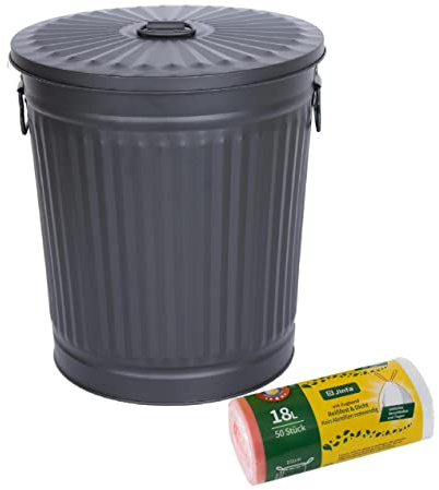 Jinfa Juego de 1 cubo de metal con asas y tapa + 50 bolsas de basura | Negro | 18L