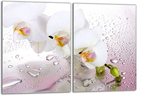 Herdabdeckplatten Set 2x40x52 cm Ceranfeld Abdeckung Glas Spritzschutz Abdeckplatte Glasplatte Herd Ceranfeldabdeckung Deko, Orchidee Weiß