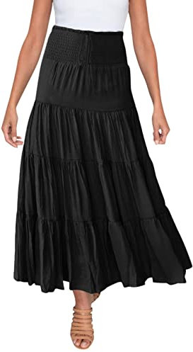 Damen Rock Lang Elastischer Hoher Taille Rock Boho Maxirock Einfarbiger Casual Sommerrock Faltenrock Langes Freizeitrock Elegante Strandrock A-Linie Skirts Sommer Röcke für Damen mit Kordelzug