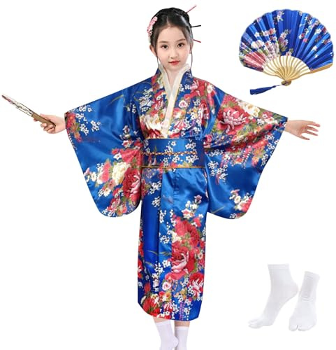 KRUIHAN Kimono Japonés Niñas,Bata Yukata Estilo Tradicional Japonés,Bata de Satén,Disfraces de Cosplay,Vestido de Fiesta,Bata Spa Niña,con Abanico Plegable y Calcetines Tabi,Estilo B,Azul Real,140