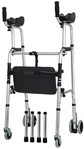 Andadores Verticales para Personas Mayores Altas con Soporte de Asiento y antebrazo, Ayuda para Caminar con Ruedas Plegable Ligera de Aluminio, para Interiores y Exteriores (Color : Wheels+Seat)