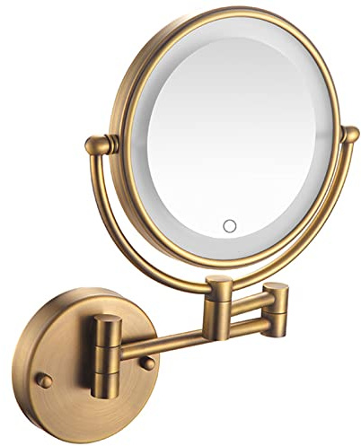8-Zoll-doppelseitiger beleuchteter Make-up-Kosmetikspiegel zur Wandmontage mit Touchscreen, dimmbar, 360° drehbarer LED-Kosmetikspiegel aus Messing, Rasierspiegel für das Badezimmer,Plug in,10X