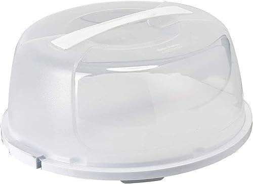 Optimal Products Large Round Transparent Cake Storage Carrier Box Container Clear Lockable Lid Cover 3 Multi Colour Kitchen (White & Clear Round)