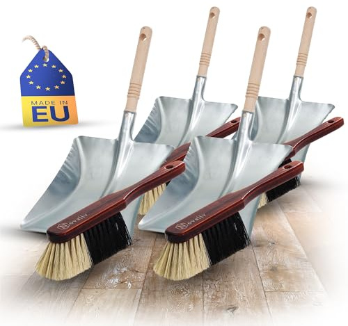 Novaliv 4X Kehrblech Sets ROSSHAAR Mischung Handfeger Holz BRAUN LACKIERT mit Kehrblechgarnitur Metall verzinkt Kehrblechbesen weiche Borsten Handbesen Kehrblechset Kehrschaufel Feger und Kehrblech