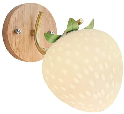 EOEO E27 Wandlampe Kinder Nachttischlampe Kreativ Erdbeere Kinderzimmer Wandleuchte aus Holz Metall mit Glas Lampenschirm, Junge Mädchen Zimmer Wand Kinderlampe für Schlafzimmer Wohnzimmer Flur