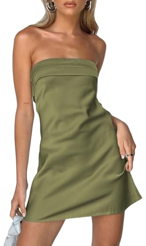 Realtix Womens Satin Silk Backless Strapless Mini Dress Sexy Low Back Tube Club Party Dress for Women Olive