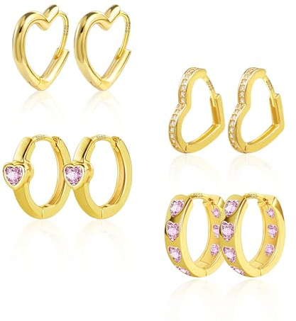 ALEXCRAFT 4 Pares Pendientes Mujer Plata 925, 14K Pendientes Aro Mujer Doble Pendientes de Acero Inoxidable, Pendientes de Aro en Forma de Corazón Pendientes de Aro de Joyas de Moda Minimalistas