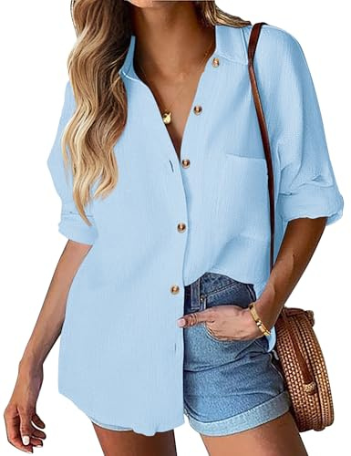 Hotouch Bluse Damen Lässiges Hemden Langarm Hemdbluse V-Ausschnitt Oberteile mit Knöpfen Casual Arbeit Shirt Lose Einfarbig Blusen Tops Blau M