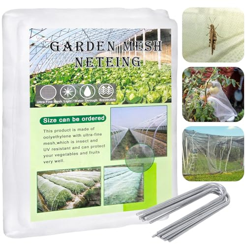 2x10m Filet Anti Insecte et Filet Jardin Potager avec 15 Clous de Jardin en U, Filet Protection Fraisier Protection Blanche Réutilisable pour Légumes et Plantes