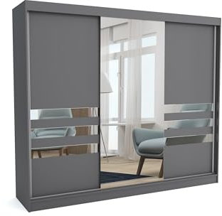 Brent - Kleiderschrank mit Spiegel Henry, 250cm Breit, Schlafzimmerschrank mit 1 Kleiderstange und Einlegeböden für Kleidung, Kleiderschrank Grau