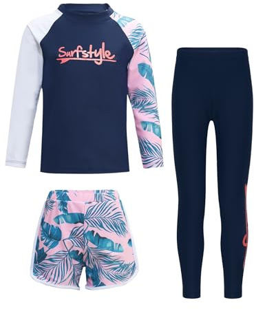 FEESHOW Jungen Mädchen UV Schutz Badeanzug Langarm Rash Guard Set Schwimmbekleidung Marineblau&Rosa_A 146-152