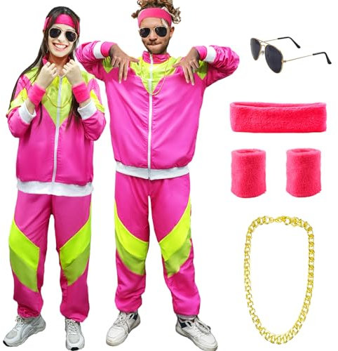90s 80s Fancy Dress Men Women with Accessories, 80s Shell Suit 80s 90s Fancy Dress Costumes for Men Adult with Glasses Headband Wristbands, 80s 90s Outfits Fashion Retro Tracksuit for Carnival Party