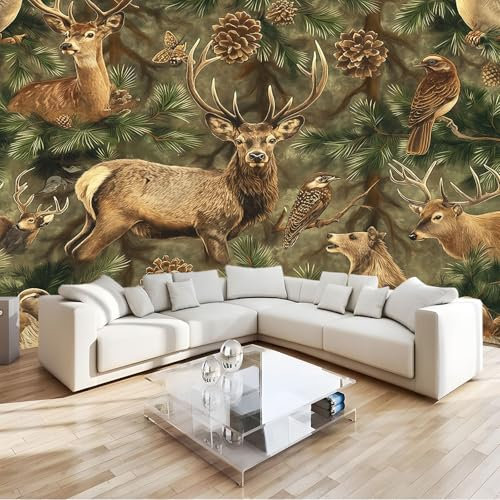 3D Papier Peint Panoramique Tapisserie Intissé Murales Animaux De La Forêt Cerfs Pins Oiseaux 400x280 cm, Papier Peint Enfant pour Salon Chambre Décoration Murale, Papier Peint Chambre Enfant
