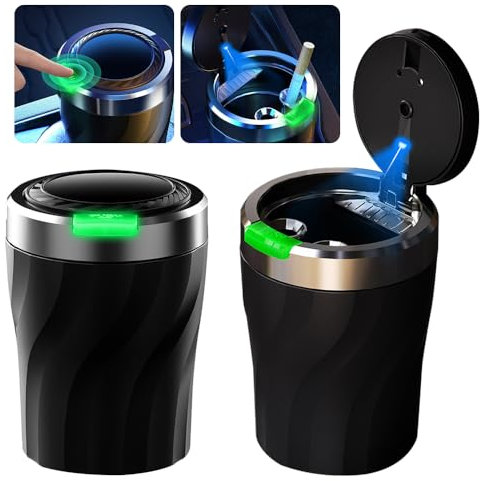 PLLYPE Aschenbecher Auto, 2 Stück Auto Aschenbecher mit Deckel, Aschenbechers mit LED Licht für Auto, Büro, Haus, Camping, Outdoors