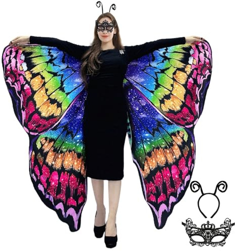 Schmetterling Umhang Damen - Doppelseitiger Druck Schmetterlingsflügel Erwachsene Kostüm mit Maske und Haarreif Schmetterling Flügel Faschingskostüme für Halloween Karnevel Cosplay (Rainbow)