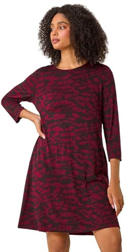 Roman Originals Tunic Dress with Pockets for Women UK Ladies Swing Fit & Flare Skater Slouch Stretchy Casual Smart Winter Jersey Pull On Work Office 3/4 Long Sleeves - Wine & Noir - Size 16