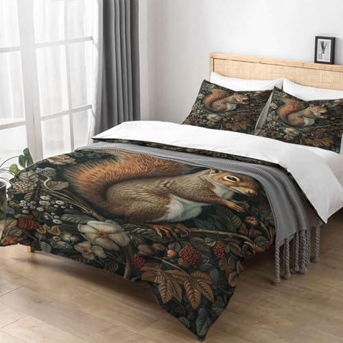 William Morris Duvet Cover King Cute Squirrel Animal Bedding Duvet Cover Set of 3 Vintage Floral Botanical Comforter Set Dark Academia Moody Bedroom Decor 1 Quilt Cover and 2 Pillow Shams