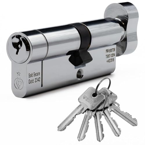 Euro Cylinder Door Lock Thumb Turn Chrome - BSI TS007 Sold Secure Gold Anti-Snap - Includes 5 Keys 45T/45