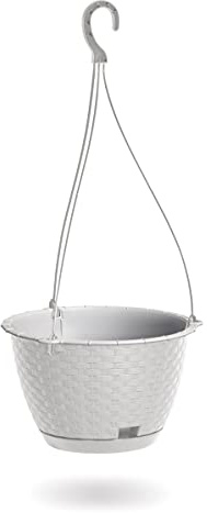 DIKEL Blumenampel hängend innen und außerhalb ⌀22 cm | Hängepflanze aus Kunststoff in Rattan-Optik | Blumentopf mit Hängeampel | Hängeblumentöpfe witterungsbeständig | Weiß