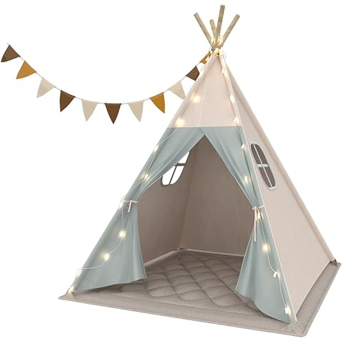 Tipi Zelt für Kinder, Waschbar Kinderzelt mit Gepolsterter Decke | Lichterkette, Tragetasche, Segeltuch Spielzelt für Mädchen & Jungen, Massive Kiefernholzstangen, Einfache Montage