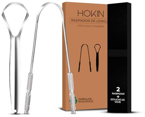 HOKIN - Rascador de lengua para adultos (paquete de 2 unidad) de acero inoxidable, limpiadores de lengua que reducen el mal aliento, 100% de metal, resistentes, para hombres y mujeres, producto de