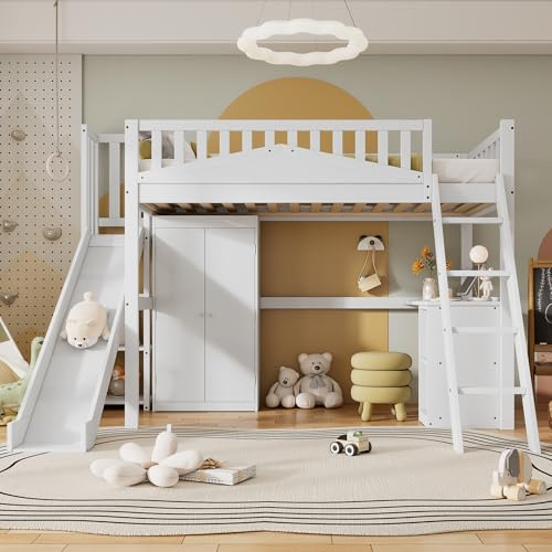 Zravenna Hochbett Etagenbett 90x200cm mit Tisch und Kleiderschrank, Kinderbett mit Fallschutzgitter, Mit Leiter, Für Kinder, Jugendliche, Erwachsene, Kiefer+MDF+Sperrholz (E)