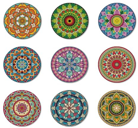 ANATTASOUL 9 Stück Mandala Muster Untersetzer Holz Rund für Zuhause | Holzuntersetzer Coaster Wiederverwendbare Glasuntersetzer ,Tasse Coaster Mat für Büro und Bar Tischdeko Sommer