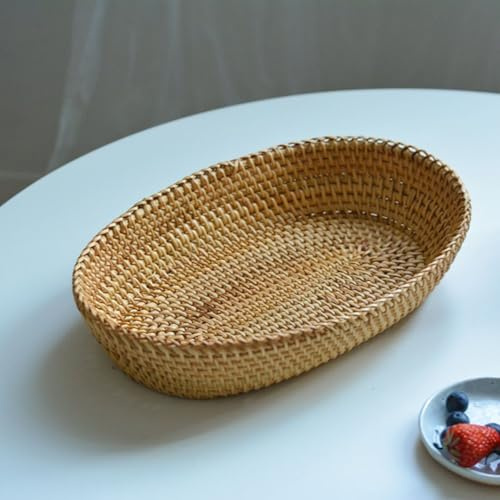 DAZZLEEX Rattan Basket Wooden Woven Basket Fruit Plate Coffee Table Desktop Storage Baskets For Fruit Bread Snacks(Medium)