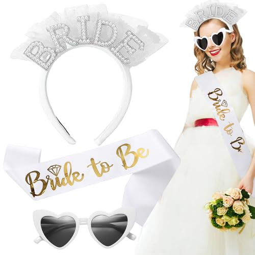 AUNGKWANG 3 Stück JGA Accessoires Frauen, Bride To Be Haarreif, Bride To Be Schärpe, Herz Sonnenbrille, Junggesellenabschied Frauen, Brides To Be Accessoires Braut Bachelorette Party Deko