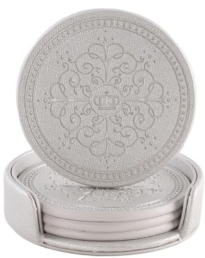 ABCHCHS Coasters Set of 4 - PU Leather Coasters for Drinks with Holder - Silver Handmade Round Drinks Set for Home Decor and Housewarming Gift