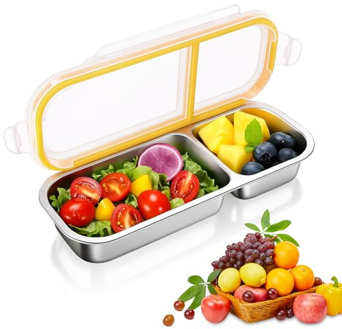 Jinfanshurich Caja de aperitivos de acero inoxidable de 700 ml con 2 compartimentos, fiambrera a prueba de fugas con tapa, apilable para escuela, trabajo y viajes, plato de aperitivos para frutos