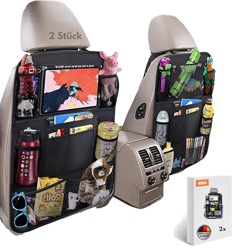 HENKi 2x Autositz-Organizer Auto Rücksitz für bis zu 11-Zoll Tablet, 8 Taschen, Kinderspielzeug-Aufbewahrung, wasserdichter Rücksitzschutz für Kinder