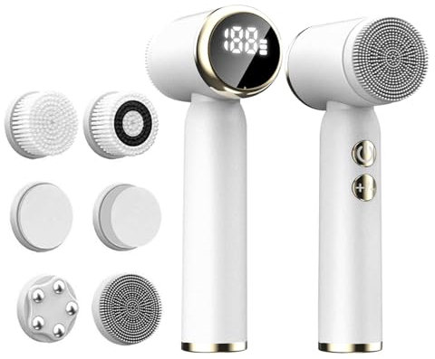 LLiuvccz Spazzola per la pulizia del viso, spazzola elettrica a LED 6 in 1 con 6 testine, spazzola per il viso ricaricabile impermeabile, adatta per pelli secche, grasse e sensibili (bianco)