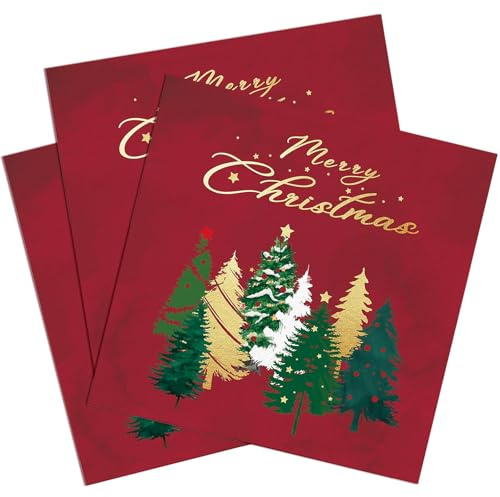 Dcsfadq 40 Stück Weihnachten Servietten mit Weihnachtsbaum Muster, Rot und Gold Weihnachtsservietten, Tischdeko Weihnachts Papierservietten Merry Christmas