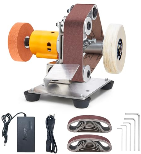 Mini Bandschleifer,7 Einstellbare Geschwindigkeiten Elektrischer Messerschärfer, Schleifbänder Geliefert, Schleifscheibe und Polierscheibe für Metall Holz DIY Handwerk, Werkzeug & Messerschärfen
