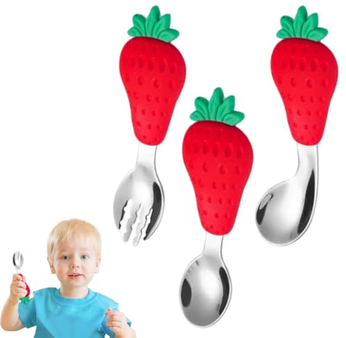 Baby Gabel und Löffel Set, 3 teiliges Edelstahl Besteck Set mit Stil Erdbeere, Kinder Löffel und Gabel Set für Baby Kleinkind, Baby Besteck Esslernbesteck ab 1 jahr
