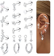 15Stück Helix Piercings Chirurgenstahl Ohrringe Gold Piercing Ohr Medizinische Ohrstecker - Hypoallergen Pircingssets Ohr Ohrringe Creolen Gold Wasserfest Conch Helix Tragus Piercing Set Silber