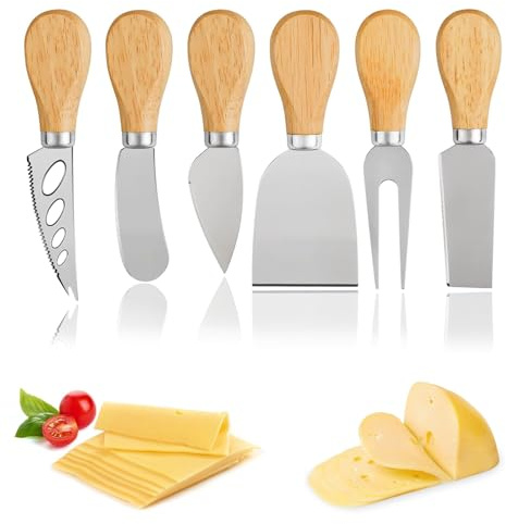 Cuicany 6 Piezas Juego de Cuchillos de Queso, Cuchillo para Queso de Acero Inoxidable con Mangos de Madera, Cuchillo de Mantequilla, Mango de Madera Cuchillo para Tarta Postre Postre Ensalada