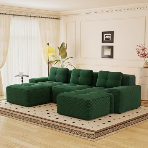 Yihomfy Canapé Modulaire de U, Velours côtelé Canapé 3 Places avec 2 Tabouret, Configuration Libre, Désossé Canapé de Salon, sans Montage (Vert, 3 Sièges + 2 Tabouret)