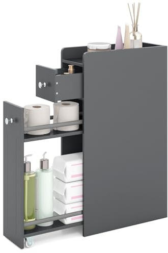 LIFEZEAL Nischenschrank, Badezimmerschrank klein mit Schublade (Grau) | Nischenregal schmal mit Rollen, Nischenwagen für Waschküche, Wohnzimmer, Badezimmer, 40 x 18 x 70 cm