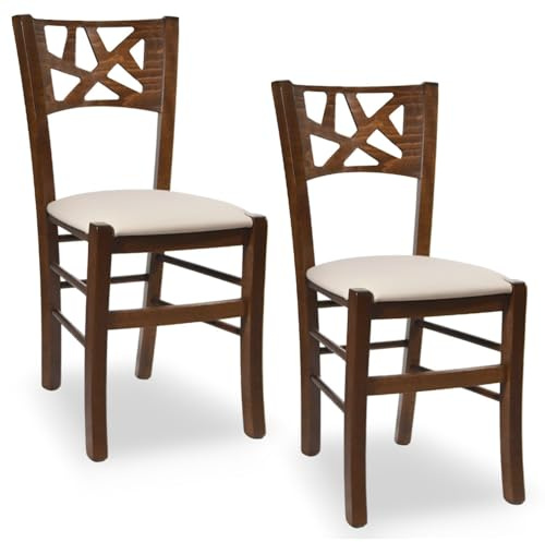 OKAFFAREFATTO MADDALONI Sillas de comedor Sissy de madera de nogal oscuro con asiento acolchado beige, juego de 2
