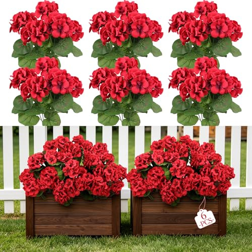 inreeme Artificial Fake Geraniums Flowers & Plants for Outdoor 6 Bundles | Silk Faux Red Geranium, UV Resistant Realistic Plastic Flowers for Outside Garden Hanging Basket, Balcony Outdoor Decorations