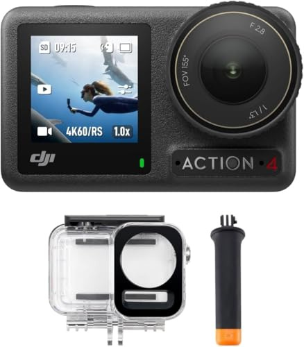 DJI Osmo Action 4 Tauch-Combo, wasserdichte Action-Kamera | Unterwasser-Video, schwimmfähiger Griff und 60 m Gehäuse, 10-Bit und D-Log M, 1/1,3-Zoll-Sensor, 360° HorizonSteady
