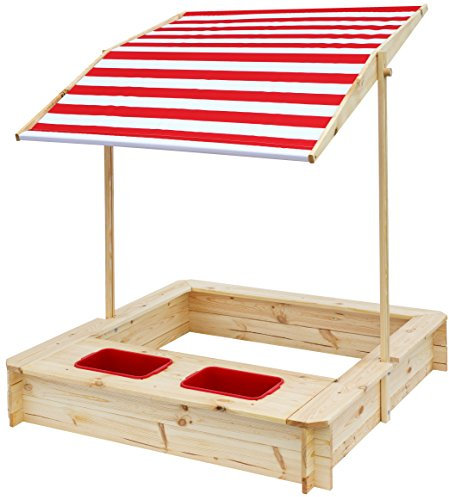 beluga Spielwaren 50380 -Sandkasten mit Wasser-Matsch-Bereich und Rot/weißem Dach, natur / rot