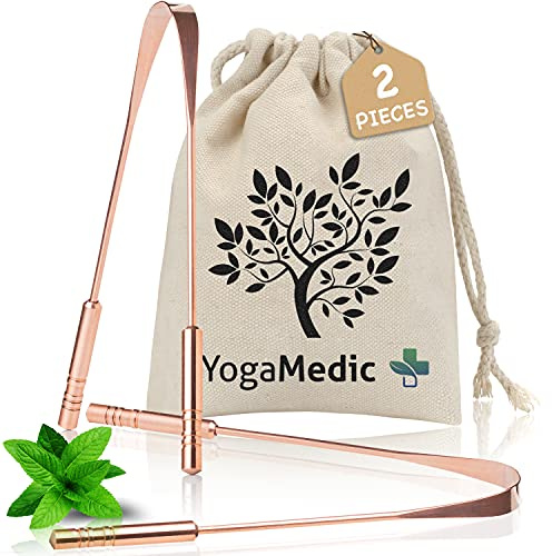 YogaMedic 2-Pack 100% Copper Tongue Scraper & Cleaner with Travel Case - Tongue Cleaning Tool, Fresher Breath, Tongue Cleaner for Adults & Kids - Tounge Brush for Better Oral Hygiene - U Shape